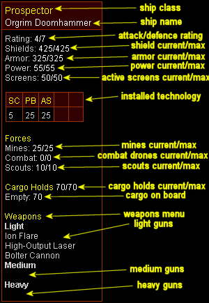 A ship stats screen left side of game screen